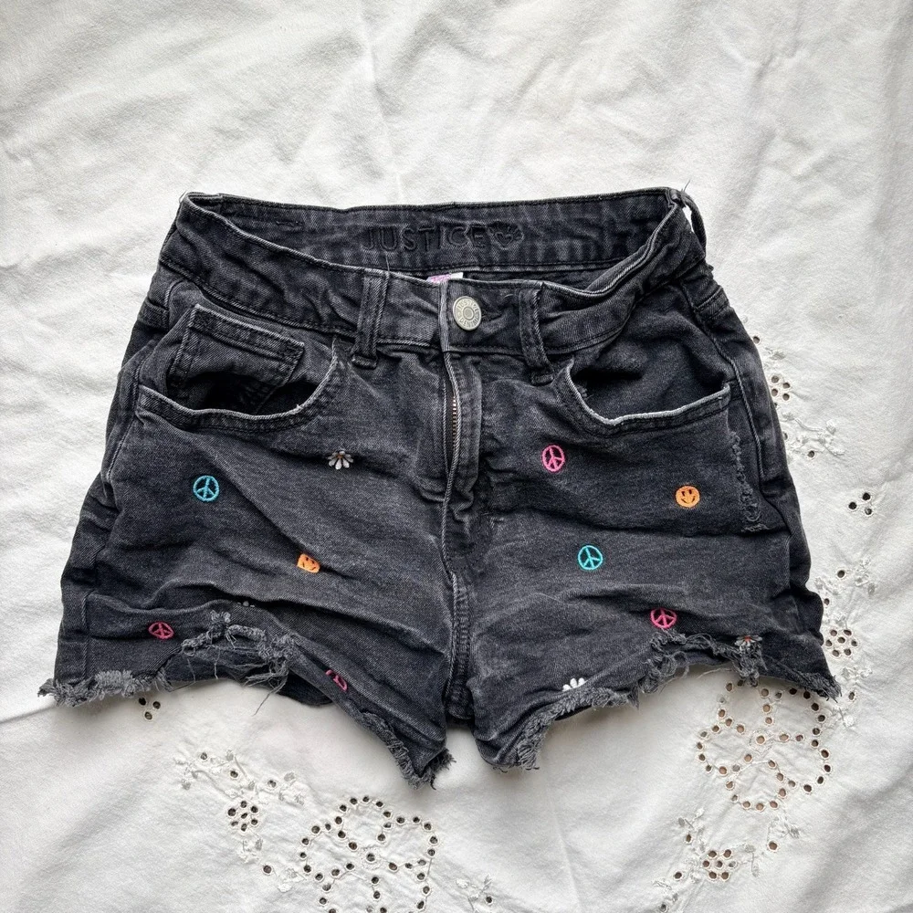 Justice Peace Embroidered Design Denim Mini Mom Shorts Size 14 Girls Teen